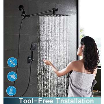 Shower Head,12 '' High Pressure Rain/Rainfall Shower Head/Handheld Showerhead Combo,13'' Brass Adjustable Extension Arm,3-Spray,78-inch Hose Adhesive Showerhead Holder,Black Shower heads