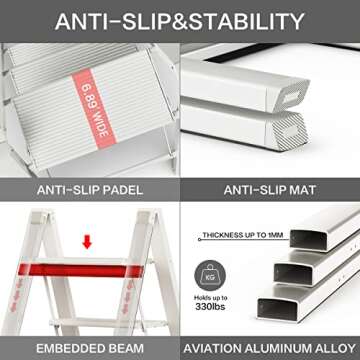 GameGem 3 Step Ladder, Aluminum Folding Step Stool with Anti-Slip Sturdy and Wide Pedal, Lightweight Portable Stepladder for Home and Kitchen Use Space Saving, Cream White, 330 lbs