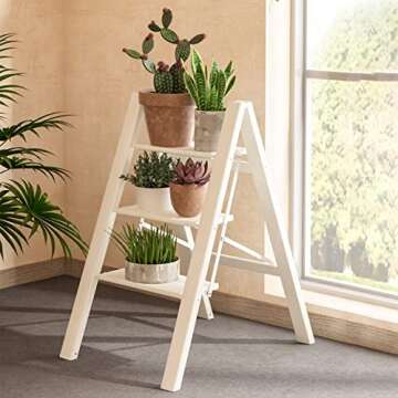 GameGem 3 Step Ladder, Aluminum Folding Step Stool with Anti-Slip Sturdy and Wide Pedal, Lightweight Portable Stepladder for Home and Kitchen Use Space Saving, Cream White, 330 lbs