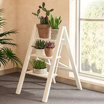 GameGem 3 Step Ladder, Aluminum Folding Step Stool with Anti-Slip Sturdy and Wide Pedal, Lightweight Portable Stepladder for Home and Kitchen Use Space Saving, Cream White, 330 lbs