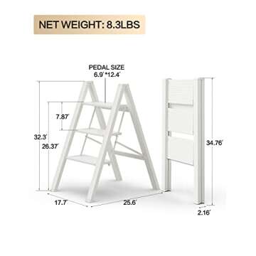 GameGem 3 Step Ladder, Aluminum Folding Step Stool with Anti-Slip Sturdy and Wide Pedal, Lightweight Portable Stepladder for Home and Kitchen Use Space Saving, Cream White, 330 lbs