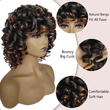 KEAT Curly Wigs for Black Women Short Big Curly Kinky Wigs for Women Afro Wavy Black Mixed Brown Wig with Bangs Cute Natural Synthetic Wigs for African American Women K002