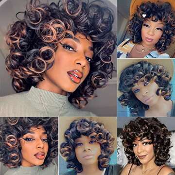 KEAT Curly Wigs for Black Women Short Big Curly Kinky Wigs for Women Afro Wavy Black Mixed Brown Wig with Bangs Cute Natural Synthetic Wigs for African American Women K002