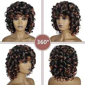 KEAT Curly Wigs for Black Women Short Big Curly Kinky Wigs for Women Afro Wavy Black Mixed Brown Wig with Bangs Cute Natural Synthetic Wigs for African American Women K002
