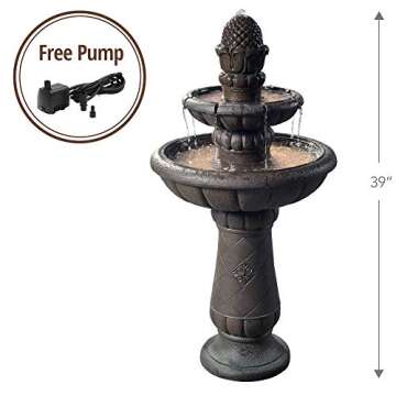 Teamson Home Deluxe Pineapple Pedestal 2 Tiered Floor Waterfall Fountain with Pump for Outdoor Patio Garden Backyard Decking, 39 Inch Height, Iron Gray