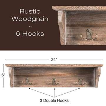 Handcrafted Rustic Wooded Wall Mounted Hanging Entryway Shelf, 6 hooks. 24"x6" Use as coat rack, hat...