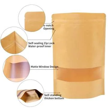 Moretoes 72pcs Resealable Bags, 3.5 ×5.5 Inches Food Storage Bags, Stand Up Pouches, Kraft Paper Bags with Window, Treat Bags, Coffee Bags, Ziplock Bags for Home or Small Business for Packaging