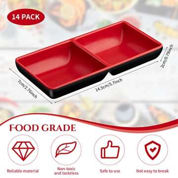 Eccliy 14 Pcs Dual Dipping Bowls Soy Sauce Dish Bowls Black Red Sushi Sauce Cups Divided Fondue Plates 2 Compartments Appetizer Serving Tray for Christmas Restaurant Kitchen