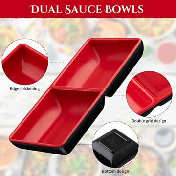 Eccliy 14 Pcs Dual Dipping Bowls Soy Sauce Dish Bowls Black Red Sushi Sauce Cups Divided Fondue Plates 2 Compartments Appetizer Serving Tray for Christmas Restaurant Kitchen
