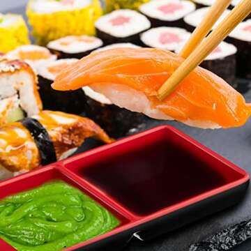 Eccliy 14 Pcs Dual Dipping Bowls Soy Sauce Dish Bowls Black Red Sushi Sauce Cups Divided Fondue Plates 2 Compartments Appetizer Serving Tray for Christmas Restaurant Kitchen