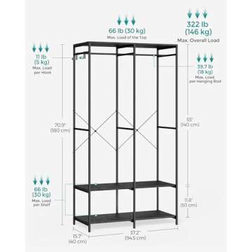 SONGMICS Clothes Rack, Iron and Wood Wardrobe Closet Organizer, Heavy Duty Garment Rack with Hanging...