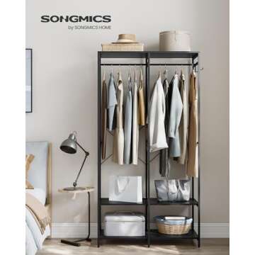 SONGMICS Clothes Rack, Iron and Wood Wardrobe Closet Organizer, Heavy Duty Garment Rack with Hanging Rods, Closet Shelves, Removable Hooks, 15.7 x 37.2 x 70.9 Inches, Ebony Black URGR004B56