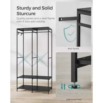 SONGMICS Clothes Rack, Iron and Wood Wardrobe Closet Organizer, Heavy Duty Garment Rack with Hanging Rods, Closet Shelves, Removable Hooks, 15.7 x 37.2 x 70.9 Inches, Ebony Black URGR004B56