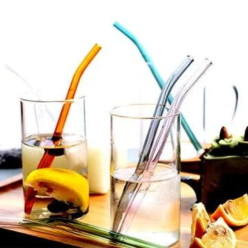 Reusable Bent Glass Drinking Straws, Set of 6 with 2 Cleaning Brushes,Shatter Resistant,BPA Free, Non-Toxic, Eco-Friendly, 200mm x 10mm (Bent 8'' x10mm, MultiColor)
