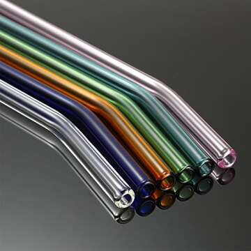 Reusable Bent Glass Drinking Straws, Set of 6 with 2 Cleaning Brushes,Shatter Resistant,BPA Free, Non-Toxic, Eco-Friendly, 200mm x 10mm (Bent 8'' x10mm, MultiColor)