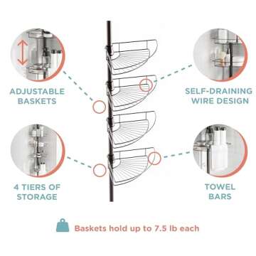 Zenna Home Tension Pole Shower Caddy 4 Basket Shelves with Built-in Towel Bars, Adjustable, 60 to 97 Inch, Bronze