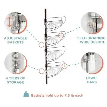 Zenna Home Tension Pole Shower Caddy 4 Basket Shelves with Built-in Towel Bars, Adjustable, 60 to 97 Inch, Bronze