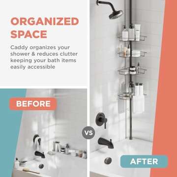 Zenna Home Tension Pole Shower Caddy 4 Basket Shelves with Built-in Towel Bars, Adjustable, 60 to 97 Inch, Bronze