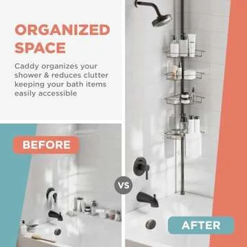 Zenna Home Tension Pole Shower Caddy 4 Basket Shelves with Built-in Towel Bars, Adjustable, 60 to 97 Inch, Bronze