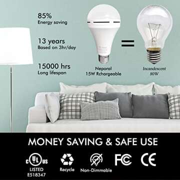 Rechargeable Light Bulbs, Back Up Battery Light Bulbs, 15W 80W Equivalent 6000K 1200mAh Battery Operated Light Bulb for Power Outage Hurricane, Emergency Lights for Home Power Failure, Pack of 4