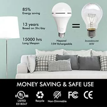 Rechargeable Light Bulbs, Back Up Battery Light Bulbs, 15W 80W Equivalent 6000K 1200mAh Battery Operated Light Bulb for Power Outage Hurricane, Emergency Lights for Home Power Failure, Pack of 4