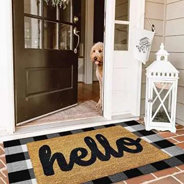 KILOCOCO Buffalo Plaid Checkered Rug - Door Mat Outdoor, Black and White Outdoor, Cotton Washable Front Door Rug Layered Doormats for Front Porch/Farmhouse/Entryway, 27.5x43 Inches