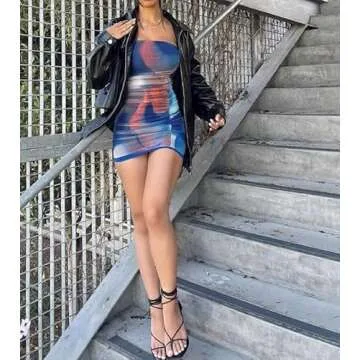 Sexy Strapless Off Shoulder Floral Mini Dress Sleeveless Bodycon Runched Tube Dress Backless Party Club Short Dress