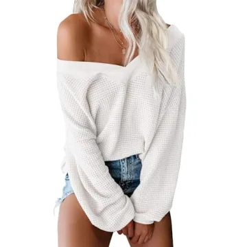ReachMe Women's Oversized Off The Shoulder Waffle Knit Top Sweatshirt
