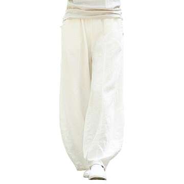 IXIMO Women's Casual Cotton Linen Baggy Pants with Elastic Waist Relax Fit Lantern Trousers White S