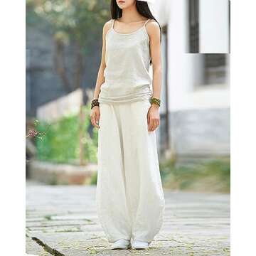 IXIMO Women's Casual Cotton Linen Baggy Pants with Elastic Waist Relax Fit Lantern Trousers White S