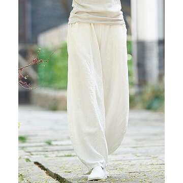IXIMO Women's Casual Cotton Linen Baggy Pants with Elastic Waist Relax Fit Lantern Trousers White S