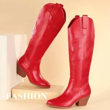 Ankis Red Cowboy Boots for Women, Comfortable Cowgirl Boots for Women Low Chunky Heel Embroidered Cowgirl Boots Pull On Side Zip Pointed Toe Western Womens Boots