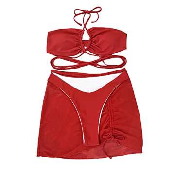 MakeMeChic Women's 3 Piece Swimsuit Criss Cross Halter Bikini Set Bathing Suit and Drawstring Beach Skirt Red S
