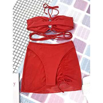 MakeMeChic Women's 3 Piece Swimsuit Criss Cross Halter Bikini Set Bathing Suit and Drawstring Beach Skirt Red S
