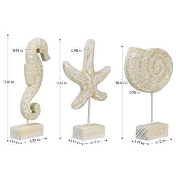 Edudif Set of 3 Modern Wood Sculpture Home Decor Seahorse Starfish Conch Statue Figurines Beach Naut...