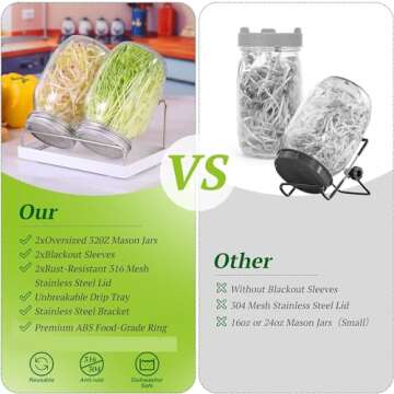 Sprouting Jar Kit 2Pcs Large Wide Mouth Mason Jars With Screen Sprout Lid,Sprouting Jar Stand,Tray,Blackout Sleeves,-Seed Sprouting Kit For Growing Mung beans,Broccoli And So On