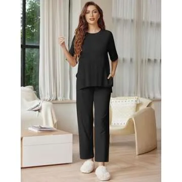 Ekouaer Lounge Sets for Women Short Sleeve Tops and Long Pants Soft Comfy Pajamas Set 2 Piece Outfits,Black,L