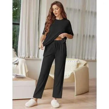 Ekouaer Lounge Sets for Women Short Sleeve Tops and Long Pants Soft Comfy Pajamas Set 2 Piece Outfits,Black,L
