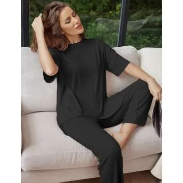 Ekouaer Lounge Sets for Women Short Sleeve Tops and Long Pants Soft Comfy Pajamas Set 2 Piece Outfits,Black,L
