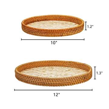 Frcctre 2 Pack Round Rattan Serving Tray with Mother of Pearl Inlay Wooden Base, Decorative Wicker B...