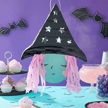 Spooky Central Cute Witch Pinata for Halloween Party Supplies Decorations, Silver Foil Stars Hat wit...