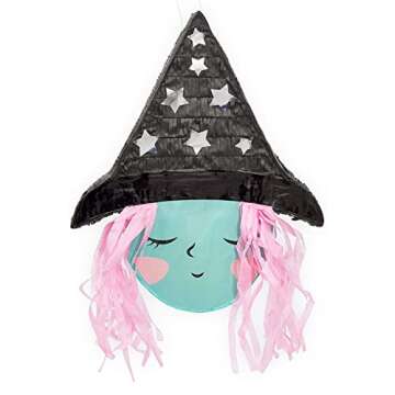 Spooky Central Cute Witch Pinata for Halloween Party Supplies Decorations, Silver Foil Stars Hat with Pink Hair, Halloween Piñata for Kids and Adults, 16 x 13 x 3 in