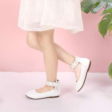 PANDANINJIA Flower Girl Dress Shoes Girls Ballet Flats Pearls Bow Mary Jane Ankle Strap Wedding Part...