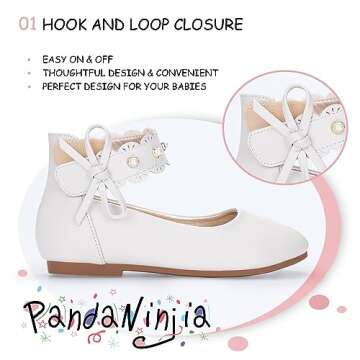 PANDANINJIA Flower Girl Dress Shoes Girls Ballet Flats Pearls Bow Mary Jane Ankle Strap Wedding Party Shoes for Toddler Little Big Kid(White Pu 12 M US Little Kid)