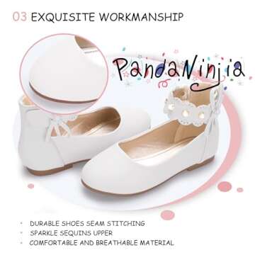 PANDANINJIA Flower Girl Dress Shoes Girls Ballet Flats Pearls Bow Mary Jane Ankle Strap Wedding Party Shoes for Toddler Little Big Kid(White Pu 12 M US Little Kid)