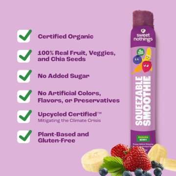 Sweet Nothings, Banana Berry, USDA Organic Kids' Squeezable Super Fruit Smoothie Freezie Popsicle Pops, Value Pack of 24 - Dye-Free, No Added Sugar, Dairy-Free, Vegan, Healthy Organic Fruit Pops, Freeze & Enjoy