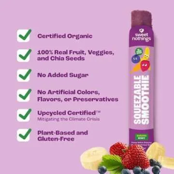 Sweet Nothings, Banana Berry, USDA Organic Kids' Squeezable Super Fruit Smoothie Freezie Popsicle Pops, Value Pack of 24 - Dye-Free, No Added Sugar, Dairy-Free, Vegan, Healthy Organic Fruit Pops, Freeze & Enjoy