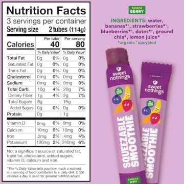 Sweet Nothings, Banana Berry, USDA Organic Kids' Squeezable Super Fruit Smoothie Freezie Popsicle Pops, Value Pack of 24 - Dye-Free, No Added Sugar, Dairy-Free, Vegan, Healthy Organic Fruit Pops, Freeze & Enjoy