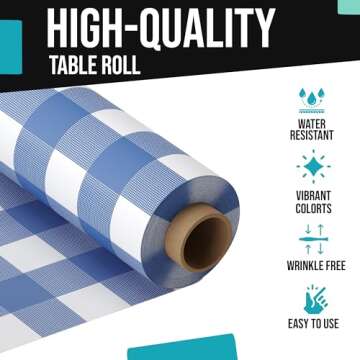 Exquisite Blue Gingham Plastic Table Cover Roll 40" X 100' - Premium Quality Banquet Rolls - Disposable Tablecloth Rolls - Table Cloth Rectangle Table Rolls