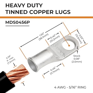 SELTERM 25pcs 4 AWG 5/16" Stud Marine Grade Tinned Copper Battery Cable Lugs, 4 Guage Ring Terminals...